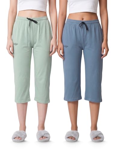 Image of Fflirtygo Women's Cotton Plain Calf Length Capri | Nightwear Short Pyjama | 3 /4th Solid Pyjama Pant | Regular Fit Casual & Lounge Wear Capri Combo (Pack of 2)