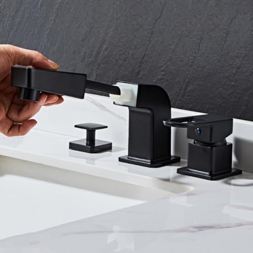 Bathroom Sink Taps Basin Mixer Tap 3 Hole Deck Mounted Basin Taps Black Monobloc Basin Tap with Pop Up Waste Bathroom Faucets with Shower Taps