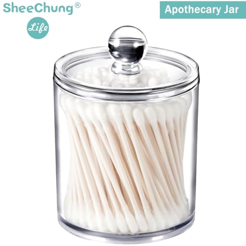 SheeChung-Clear-Acrylic-Qtip-Holder-with-LabelsShatterproof-Plastic-Apothecary-Jars-for-Bathroom-OrganizationVanity-Cotton-Swab-Holder-Canisters-for-Cotton-Balls-Pads-Floss-Picks-Minimalist-Decor