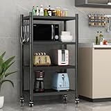 4 Tier Storage Shelves with Rolling Wheels,Kitchen Bread Rack,Small Storage Rack Shelf for Corner of The Kitchen Bathroom Living Room Garage Office,Microwave Cart Kitchen Stand,Metal（Black）