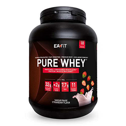 WHEY PROTEIN - Fraise - EAFIT - Marque Française N°1 en Nutrition Sportive - 32g de Proteine Whey - BCAA - Shaker Proteine - Pre Workout, Musculation - Protéines Whey - 750 g