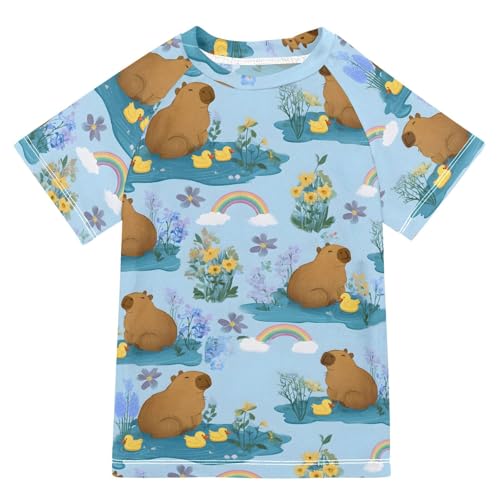 ALAZA Kids Rash Guard Boys Toddler Swim Shirts Short Sleeve Duck Capybara Lovely UPF 50+ 3T