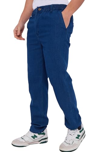 LABEL APPAREL Men’s Classic Straight-Leg Denim Jeans – Elasticated Waist, Fly Zip & Button Closure, Back Pockets – Comfortable Cotton Blend Trousers (Stone-5XL)