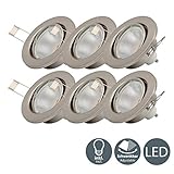 Hochwertiges 6er Set langlebiger und schwenkbarer 5 Watt LED Einbaustrahler inklusive leicht wechselbarer GU10 Leuchtmittel. Geringer Verbrauch bei wohlig warmen Licht durch eine Farbtemperatur von 3.000 Kelvin