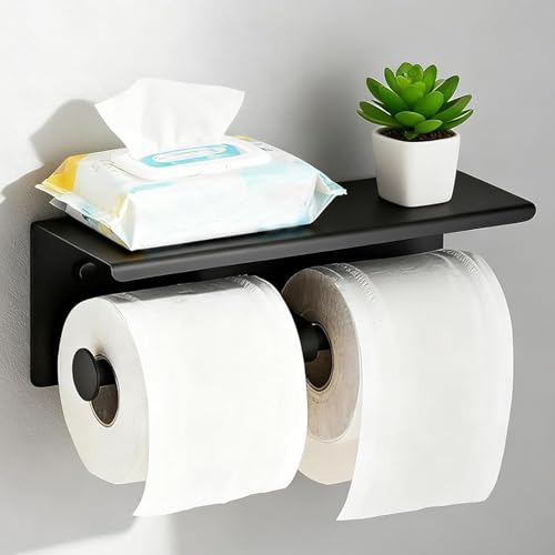 Toilet Paper Holder, NEWRAIN Double Bathroom Toilet Paper Roll Holder with Shelf, Stainless Steel Wall Mounted RV Tissue Roll Holder, Matte Black Commercial Farmhouse Toilet Paper Dispenser