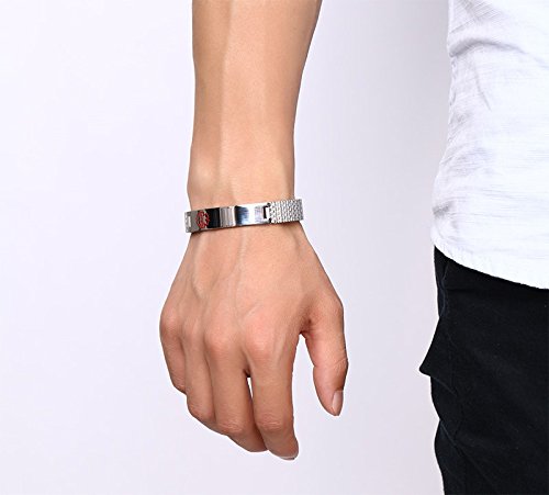 Medical Alert Bracelet for Men: Free Engraving Stainless Steel Stretch Style ID Wristband, Custom Black Deep Engraved Jewelry, 6.6"