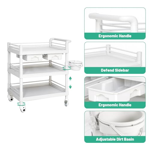 Yeeoy Mobile Medical Cart, 3 Tier Beauty Salon Rolling Cart Ultrasound Trolley with Drawers Wheels, 330 LBS Max Load Professional Utility Cart for Commercial Hospital Dental Office Medical Clinic