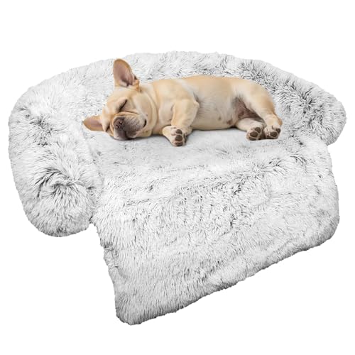 Calming Dog Bed Fluffy Plush Dog Mat for Furniture Protector with Removable Washable Cover for Large Medium Small Dogs and Cats (Small(35x31x5), Light Grey)