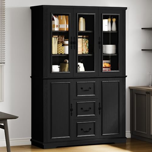 DWVO Large Storage Cabinet, 72" Tall Kitchen Pantry with Glass Doors, Freestanding Glass Display Cabinets with Adjustable Shelves & Drawers, Food China Hutch for Dining Room, Living Room, Black