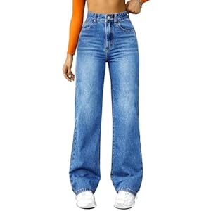 Damen Jeans Stretch High Waist Wide Leg Denimhose Weites Bein Bequeme Hose Straight Gerade Jeanshosen mit Taschen,Blau,M