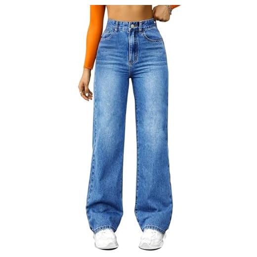Damen Jeans Stretch High Waist Wide Leg Denimhose Weites Bein Bequeme Hose Straight Gerade Jeanshosen mit Taschen,Blau,M