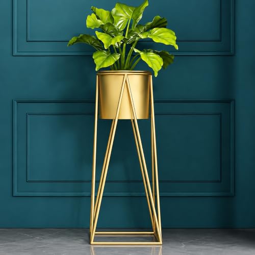 Image of LIBAN Modern, Stylish Metal Planter with Stand for Indoor & Outdoor Plants | Tall Plant Pot for Living Room, Balcony, Garden | Decorative Floor Flower Pot (Set of 1) (Gold)