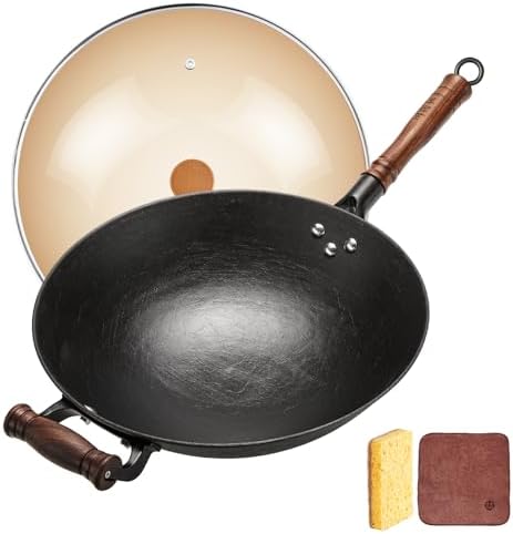 WANGYUANJI 14.17” Cast Iron Wok with Glass Lid – Traditional Round Bottom Chinese Wok for Gas Stove & Open Flame (Wok Ring Required) – Uncoated Clay-Mold “Turtle Shell” Texture – Seasoning Needed