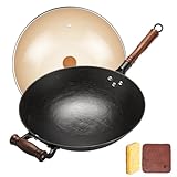 WANGYUANJI 14.17-Inch Cast Iron Chinese Wok with Round Bottom & Glass Lid - Traditional Chinese Wok for Gas Stove and Open Flame Cooking