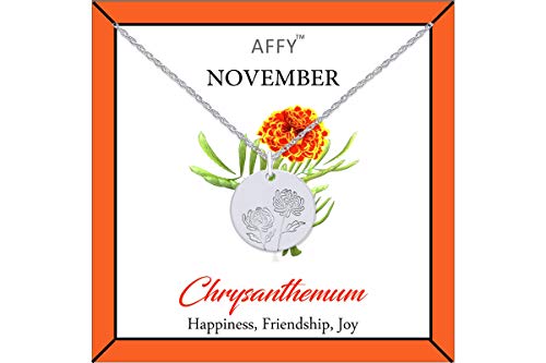 November Month Chrysanthemum Flower Disc Pendant Necklace 18K WG Plated