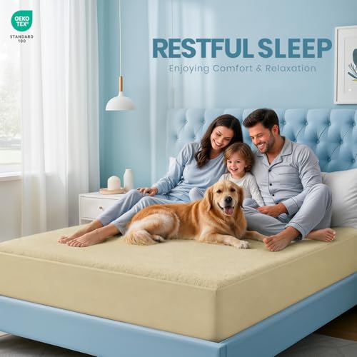 Image of Full Size Mattress Protector Waterproof, Premium 200 GSM Terry Mattress Cover, Soft & Breathable Bed Cover, Fitted Sheet Style Stretchable Deep Pockets 15 inch by Utopia Bedding (Beige)