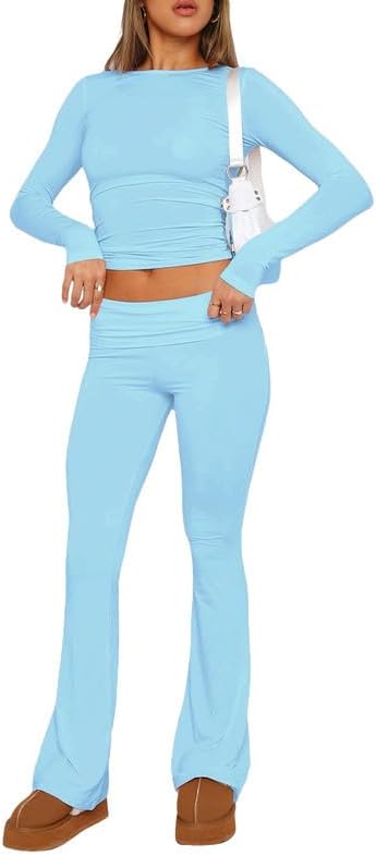 Casual Women's Two Piece Outfit Basic Long Sleeve Crop Top with Low Rise Flare Pants Set Lounge 2 Piece Yoga Tracksuit