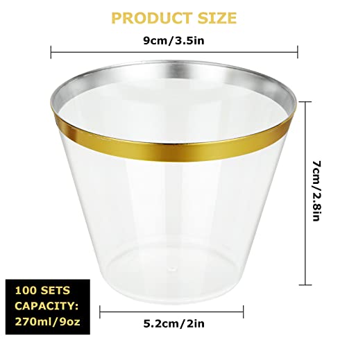 YAYODS 100PCS Gold Rimmed Plastic Cups, 270ML Clear Drink Tumblers, Stackable Drink Cups for Wedding Events, Cocktail and Parties - Image 2