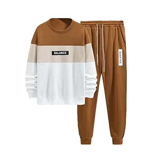 GORGLITTER Men's 2 Piece Outfits Color Block Graphic Thermal Lined Sweatshirt and Sweatpants Tracksuit Set Brown Multi Medium