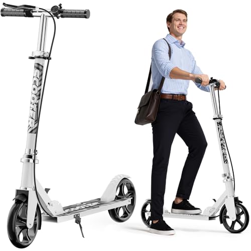 Scooters for Adults - Lightweight, Foldable, 8-Inch Big Wheels, Hand Brake & Bell, 4 Adjustable Height Levels, 240 lbs Max Load, Perfect for School, Campus and Park Rides White by GRENYX - Used condition - CA$65.24