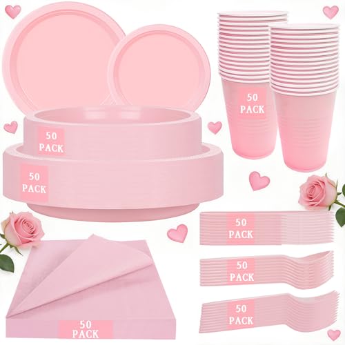 MirthMood 350pcs Pink Plates Disposable,Pink Plastic Plates for Party