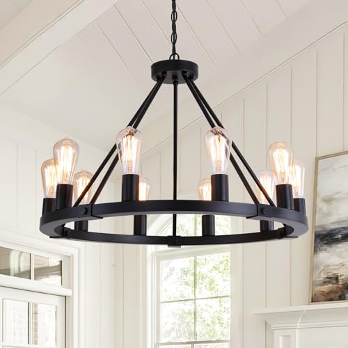 9MMML 10 Lights Wagon Wheel Chandelier, Black Round Globe Wrought Iron Pendant Lights for Dinging&Living Room Kitchen Island Porch Enteyway Hallway,Dia26.4,E26 Bulbs, Heights Adjustable by 9MMML - Used condition - US$93.73