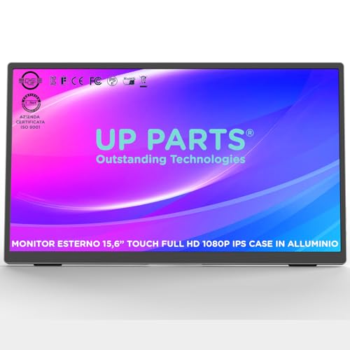 UP PARTS® Empresa Italiana Monitor Portátil de Aluminio Pantalla Táctil 156AT - 15.6' Full HD 1920x1080, IPS, USB-C y HDMI, Ultra Delgado, Altavoces Integrados, Perfecto para Trabajo, Estudio y Gaming