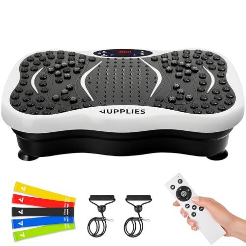 JUPPLIES Plataforma Vibración Muscular con 99 Velocidades, 5 Modos y 5 Bandas Elásticas - Máquina de Ejercicio con Bluetooth y Mando a Distancia para Adelgazar, Tonificar y Mejorar la Circulación