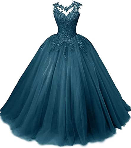 Women's Beaded Appliques Prom Dress Long Ball Gown Quinceanera Dresses Tulle Formal Sweet 16 Dress for Teens