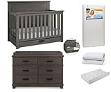 Delta Children Caden Crib 7-Piece Baby Nursery Furniture Set–Includes: Convertible Crib, Dresser, Changing Top, Crib Mattress, Sheets, Toddler Guardrail & Changing Pad, Rustic Grey