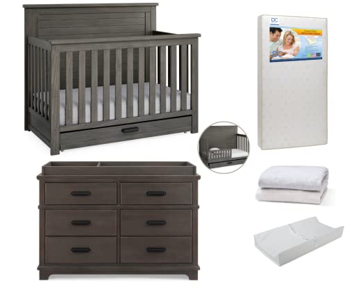 Image of Delta Children Caden Crib 7-Piece Baby Nursery Furniture Set–Includes: Convertible Crib, Dresser, Changing Top, Crib Mattress, Sheets, Toddler Guardrail & Changing Pad, Rustic Grey