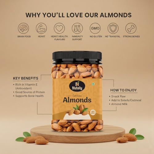 Image of Nutoly California Almonds | 100% Natural Badam | Dry Fruits Rich In Protein And Dietary Fiber | Nutty & Crunchy | No Additives, Preservatives Or Added Flavors | Healthy Snack (500Grm)
