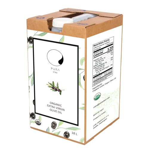 Pura Olea Organic Extra Virgin Olive Oil, 18 L (609 Fl Oz) First Harvest, Cold Pressed, Unfiltered, Small Estate Sourced, Very High In Polyphenols (18L Evoo) #TOP5