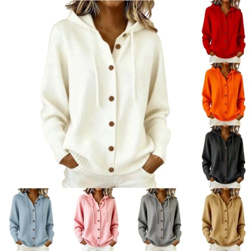 JiXiang Sweaters for Women Button Up V Neck Open Front Drawstring Knit Hoodies Lounge Pullover Tops Cozy Work Fall Outerwear - image 1