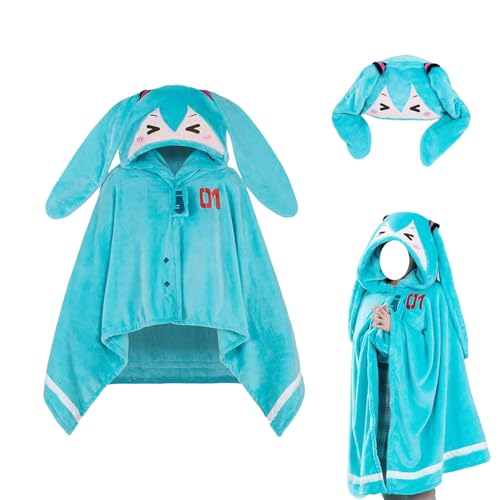 【YAORUI】ミク 毛布 ブランケット 初音ミク マント フード付き ふわふわ フランネル コスチューム 多機能 軽量 かわいい エアコン対策 オフィス 仮寝 肩掛け イベント 誕生日 クリスマス プレゼント 周辺 萌えグッズ (miku)