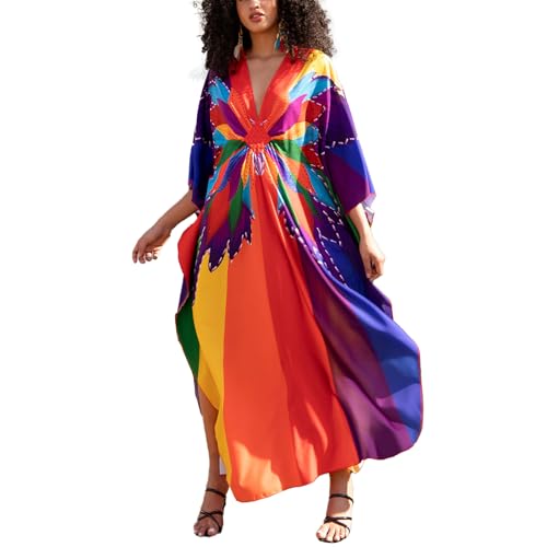 sunforyou Caftans for Women Plus Size Kaftan Dresses Rainbow Butterfly Swimsuit Cover up Stylish Loungewear(8774-20)