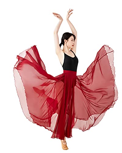 Paotit Women's Lyrical Dance Skirt Long Sheer Swing Wrap Skirt Modern Ballet Costumes For Performance Wine Red #TOP1