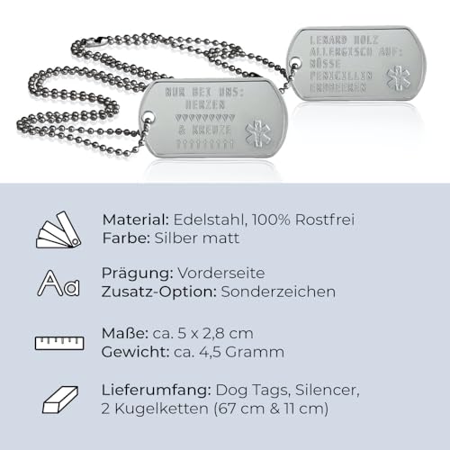 2 Stück personalisierte Erkennungsmarken | Dog Tag Kette mit Prägung | inklusive 2 Ketten & 2 Silencer im Set | diverse Texte und Motive möglich | Rambo | Militär Ausrüstung (Med-Logo)
