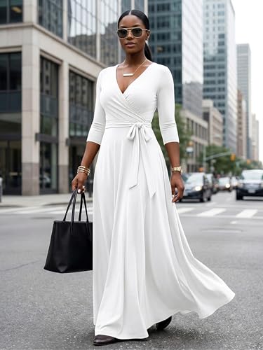 Image of PinkPatty Plus Size Maxi Dresses for Women Casual Flowy Long Dress 3 /4 Sleeve V Neck Wrap Dress with Belt
