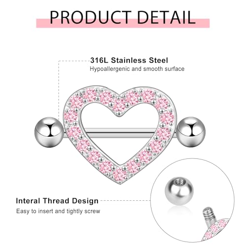 WINSENET 14G Nipple Rings 5 Pairs Stainless Steel Nipple Niercing Jewelry Heart Dangle Barbell Tongue Rings Set Cute Pink CZ Nipple Jewelry by WINSENET - Image 2