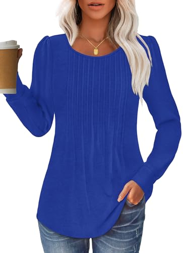 GKBK Women Long Sleeve Shirts Fall Tops Dressy Pleated Scooped Neck Tunic Tops for Leggings Royal Blue L