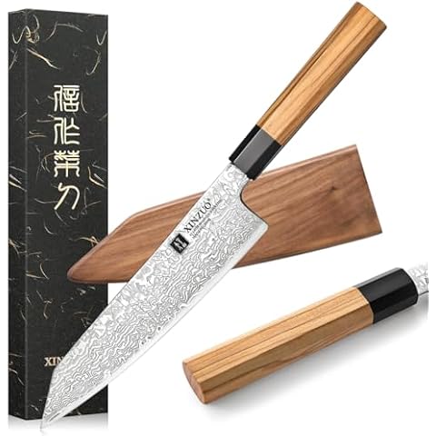 XINZUO 8.5 Inch Japanese Kiritsuke Chef Knife with Sheath, Hand Forged 67 Layers Damascus Steel Kitchen Knife, Ultra Sharp, Japanese Chopping Knife with Olive Wood Octagonal Handle Cover