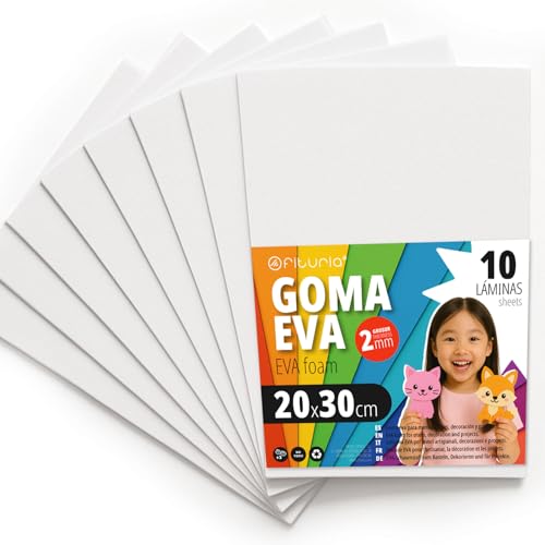 OFITURIA Moosgummi für Bastelarbeiten und Schulprojekte, Farbiges Schaumstoff ideal für DIY, Dekoration, Scrapbooking und kreative Projekte 20x30cm (Weiß, 10 Stk)