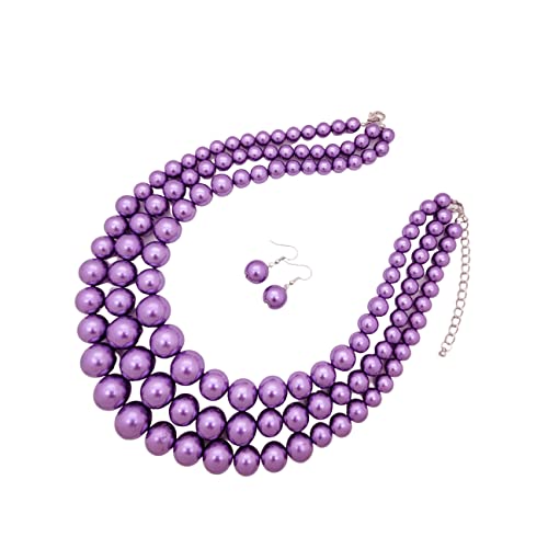 Fashion 21 Women's Three Multi-Strand Simulated Pearl Statement Necklace And Earrings Set (Lavender) #TOP2