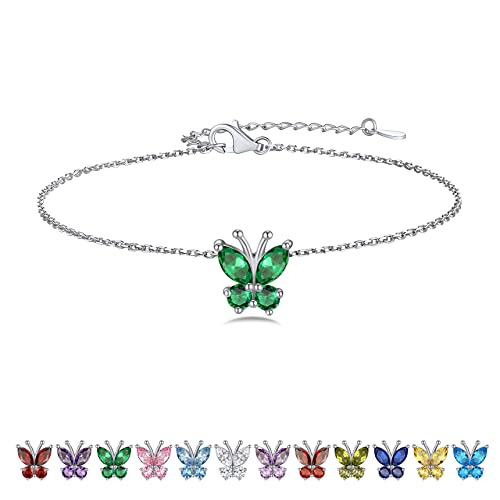 Bestyle Flying Butterfly Anklets For Women Teen Girls - Sterling Silver Green Emerald Ankle Chain Emerald Birthtone Animal Butterflies Ankle Chain Crystal Birthday Summer Day Jewelry Gifts #TOP12