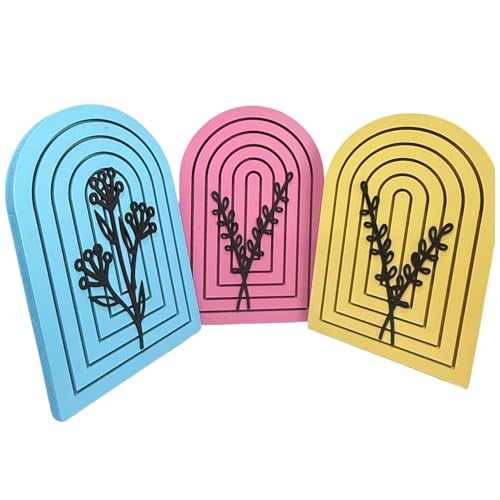 Image of eCraftIndia Pack of 3 Floral Wall Art with Blue Pink Yellow Wood Base Flower Cutouts Boho Decor