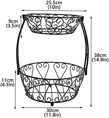 2 Tier Fruit Bowl,Countertop Fruit Basket Vegetable Rack Fruit Tray For Kitchen Fruit and Vegetable and Counter Snack Storage Black