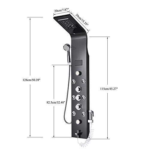 Suguword Shower Panel Tower System LED Bathroom Waterfall Rainfall Shower Head 8 Functions Stainless Steel Shower Column Tower with 6 Massage Jets and Hand Sprayer Wall Mounted,Black - Thumbnail 6