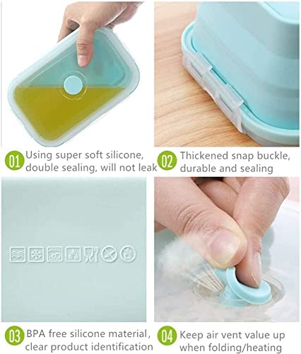 Set Of 3 Collapsible Silicone Food Storage Container, Leftover Meal Box For Kitchen, Bento Lunch Boxes, Bpa Free, Microwave, Dishwasher And Freezer Safe, Foldable Thin Box Design (Blue) #TOP3