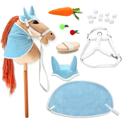 Teyva Daily 9 Pcs Hobby Horse Bridle Kit Include Horses Ear Bonnet Blanket Halter Sugar Cubes Red Green Apples Carrots Brush Saddle Belt Equestrian Enthusiast Gift Hobby Horse Not Include(Blue)